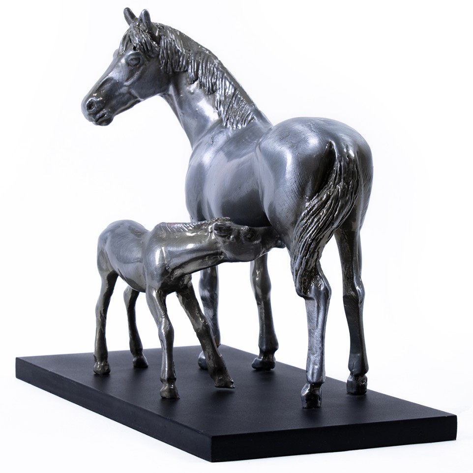 Mare with young foal pewter plated statuette |El Boyero