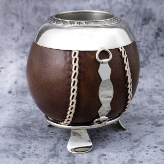 Imperial Leather Large Mate Gourd Handmade Engraving with Alpaca Silver