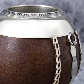 Imperial Leather Large Mate Gourd Handmade Engraving with Alpaca Silver