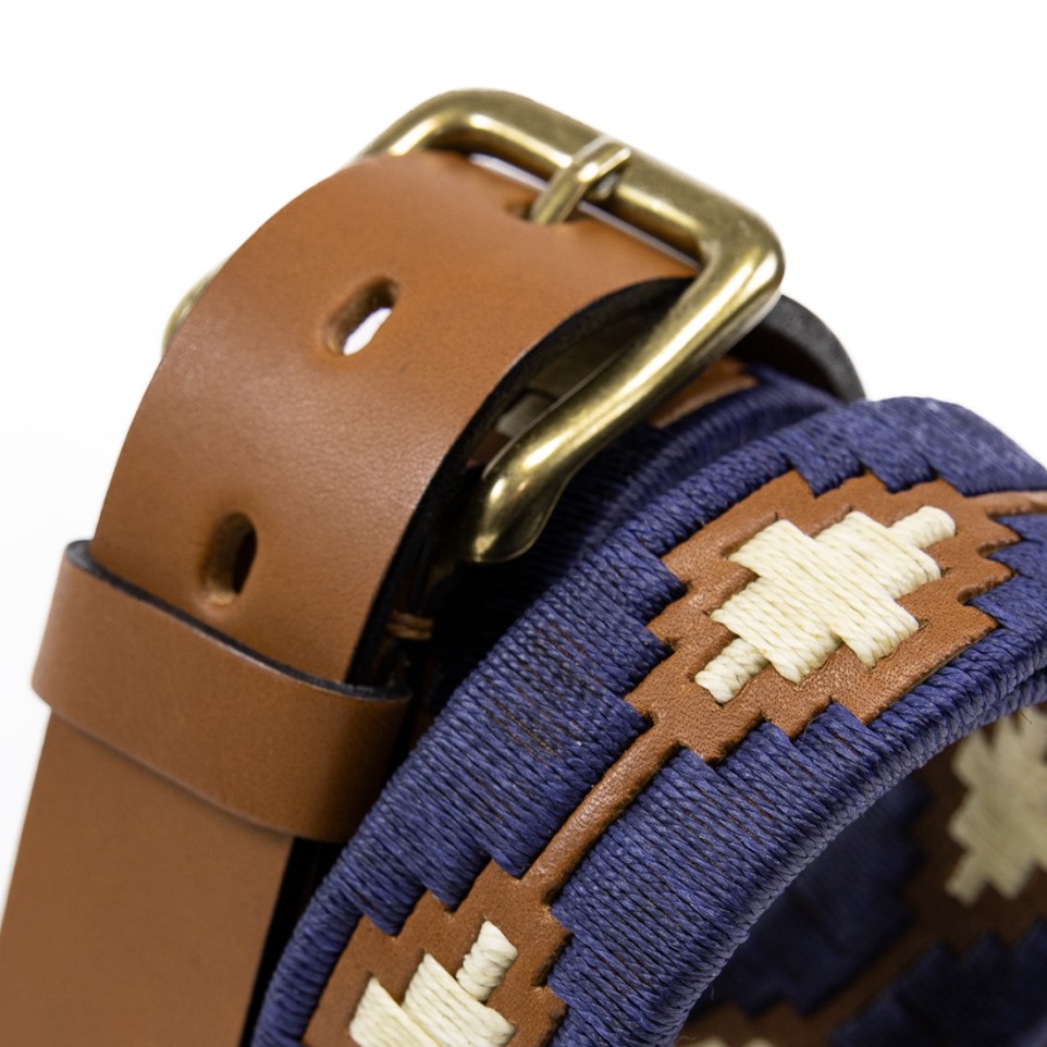 Leather belt - Blue and beige Polo style pattern |El Boyero